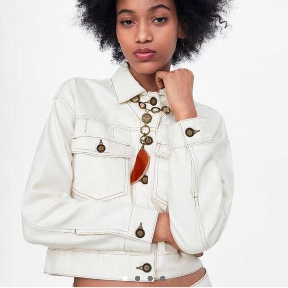 Zara cream cropped contrast stitch denim jacket